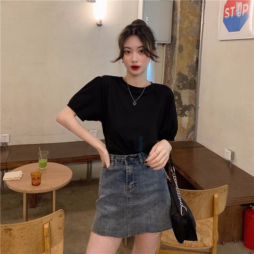 Real shot 100% cotton 2022 summer clothes new loose solid color bubble sleeve T-shirt design top
