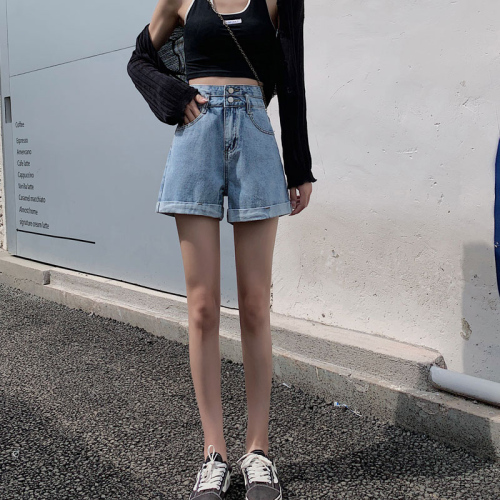 Summer 2022 new denim shorts women's high waist slim A-shaped design, versatile wide leg hot pants