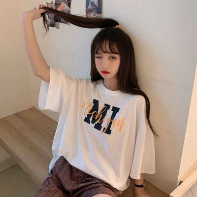 春秋韓版新款寬鬆風字母印花超火大版白色短袖恤上衣女裝
