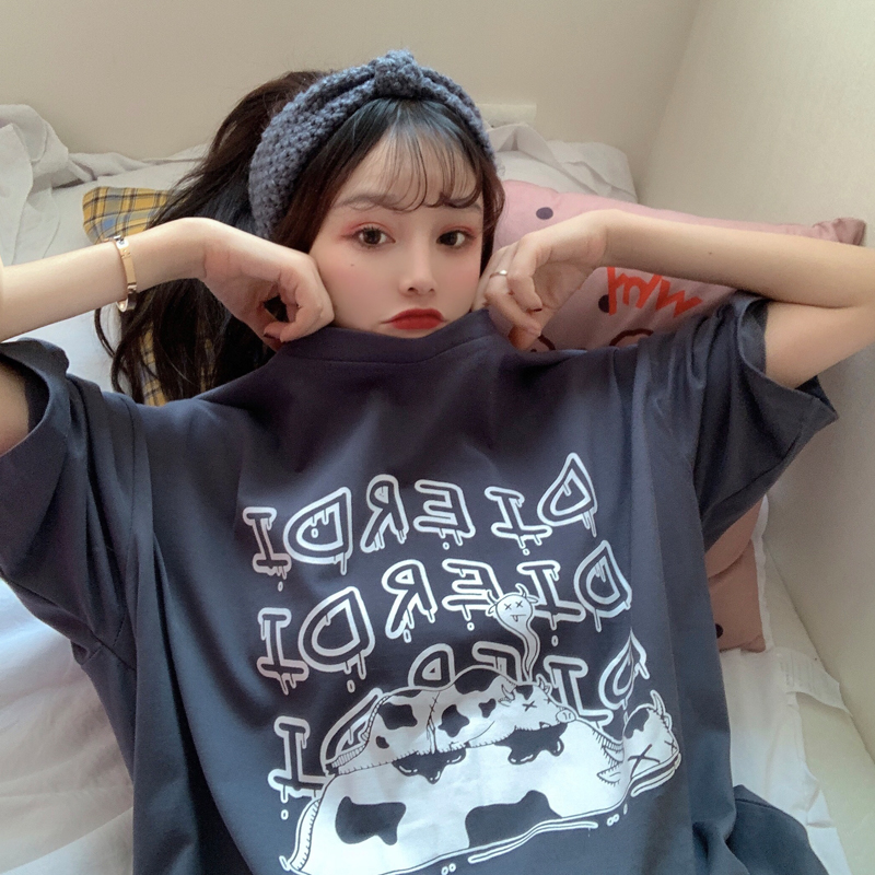 Real photo of 2021 summer personalized cartoon printed t-shirt female short sleeve round neck top