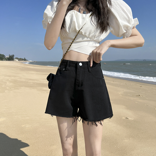 Real shooting of vintage and worn woolen denim shorts 2022 women's summer high waist thin A-line loose shorts trend