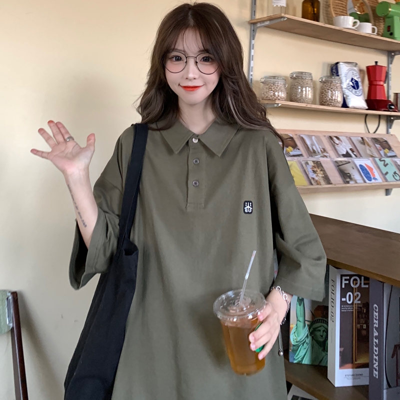 實拍圖年夏季簡約衫翻領繡花貼布短袖恤女拉架棉