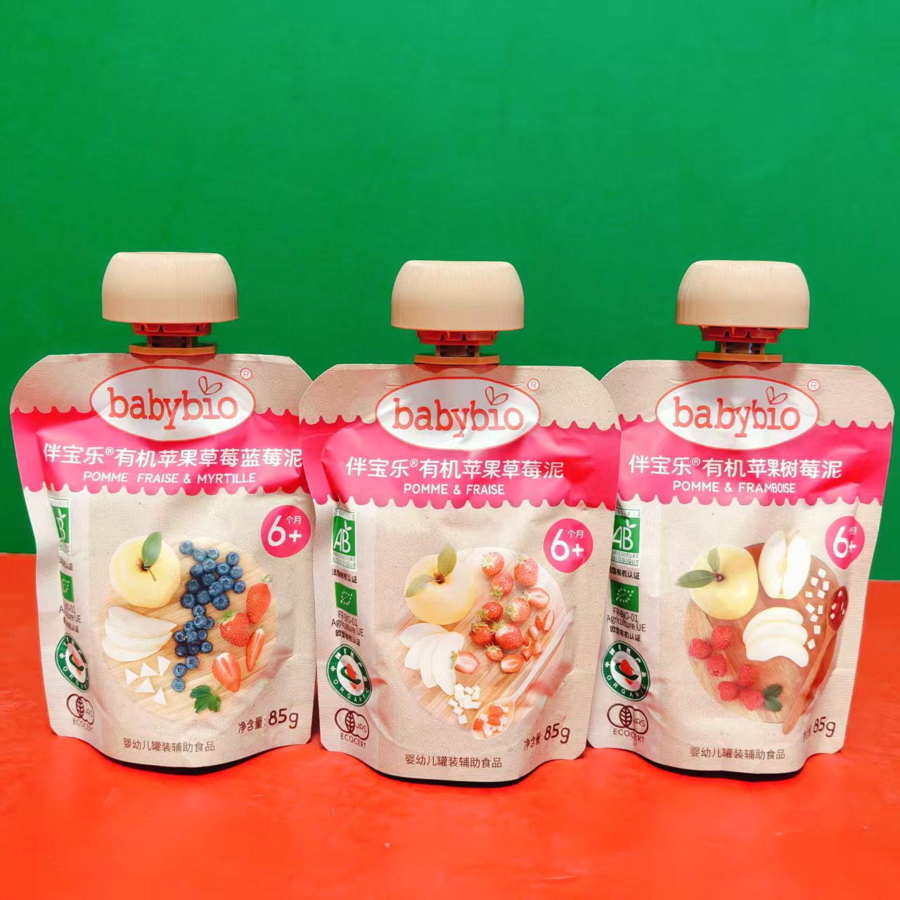 临期特价 法国进口伴宝乐有机苹果草莓树莓蓝莓混合水果泥85g袋装