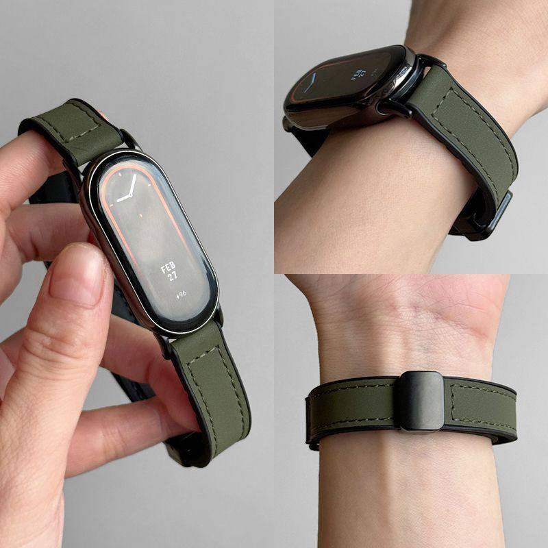适用小米手环10/手环9腕带/8NFC疯马皮表带磁吸扣运动贴皮替换带
