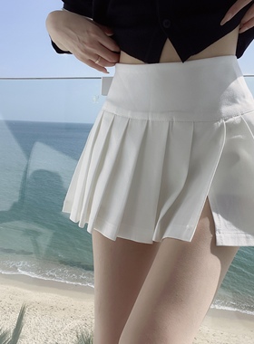 Eva君君酱纯欲风百搭白色mini小短裙女显瘦辣妹防走光开叉百褶裙