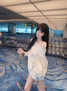 Eva君君酱韩系设计感廓形露肩宽松慵懒风卫衣女显瘦休闲百搭上衣