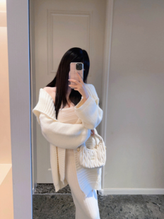 Eva君君酱韩系慵懒风宽松长袖麻花翻领针织开衫外套女中长款毛衣