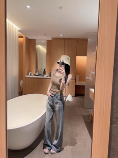 Eva君君酱水洗磨白宽松慵懒风浅色拖地直筒牛仔裤 女休闲百搭长裤