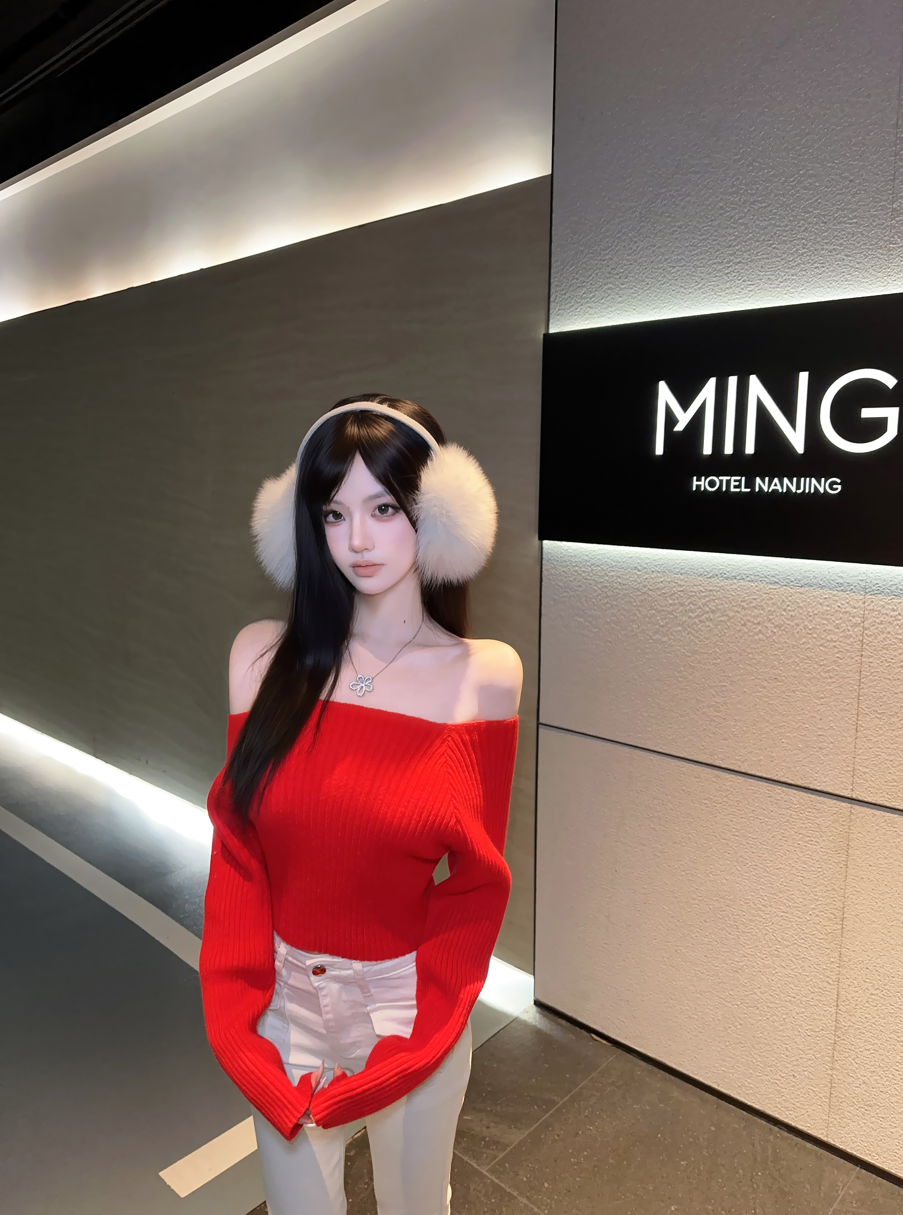 Eva君君酱纯欲辣妹红色一字肩长袖坑条针织毛衣女感显瘦短上衣女