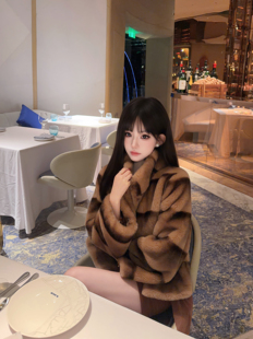 Eva君君酱贵气感仿水貂毛环保皮草皮毛一体外套女显瘦毛毛大衣韩