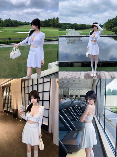 Eva君君酱纯欲韩系气质白色带胸垫吊带半身裙开衫瑜伽服三件套女