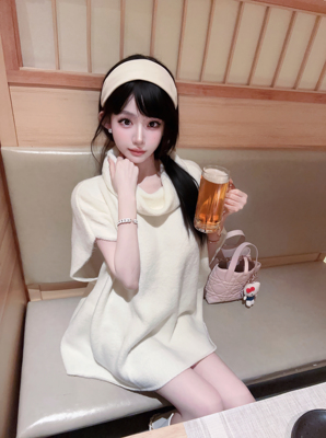 Eva君君酱韩系慵懒风堆堆领叠穿短袖斗篷马甲毛衣女气质上衣