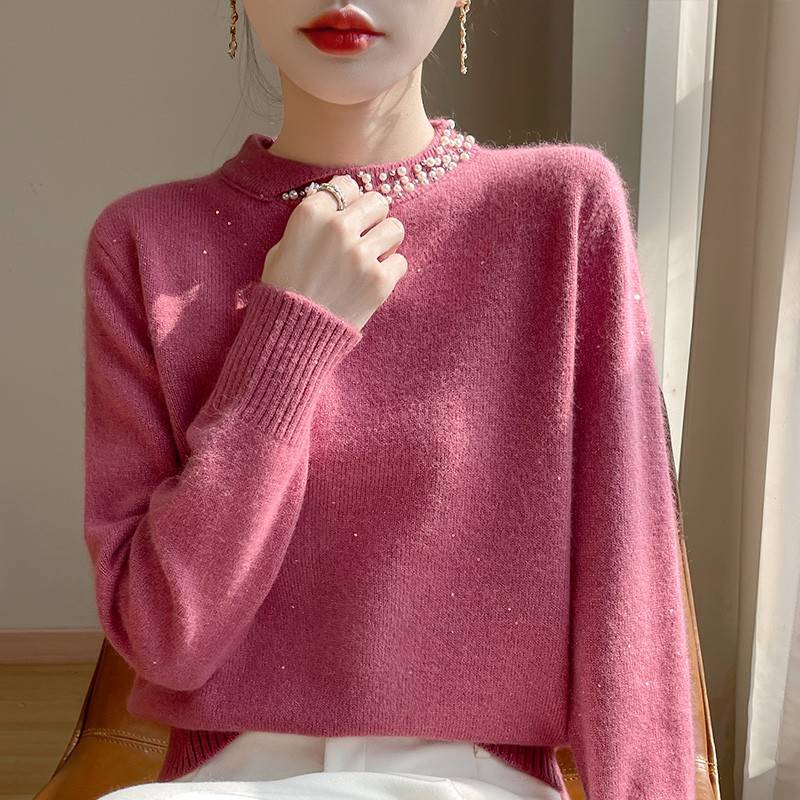 宽松短款钉珠亮片打底衫女2025新款秋冬洋气内搭大码女装针织毛衣