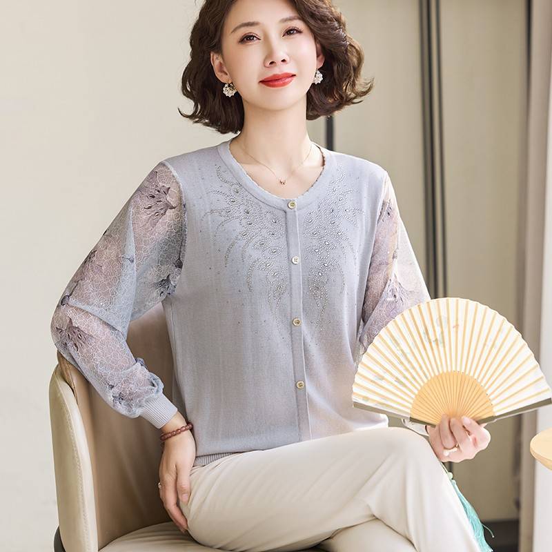 妈妈春装2025新款纱袖打底小衫中老年女装洋气阔太太薄款针织T恤