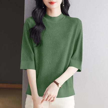胖mm春秋款中袖针织衫女加大码妈妈装洋气上衣宽松时尚t恤打底衫