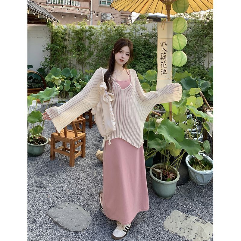 慵懒风设计感薄款罩衫上衣气质挂脖连衣裙两件套女夏季防晒衫套装