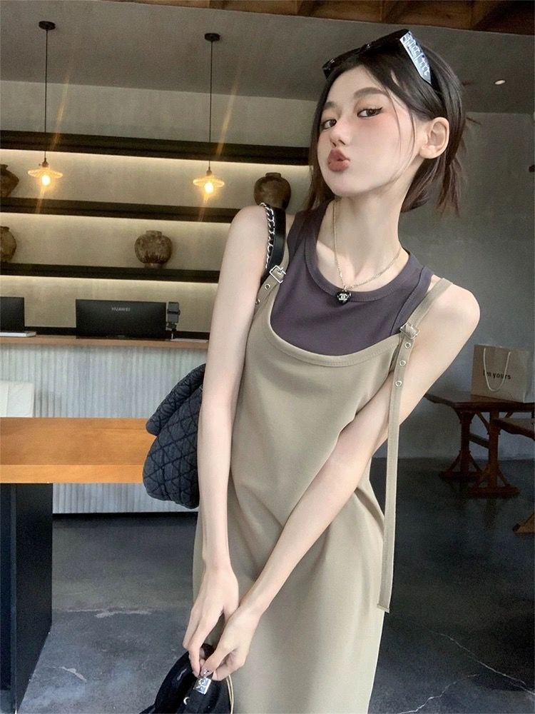 法式复古简约设计感背带连衣裙女夏季修身显瘦短款背心上衣两件套