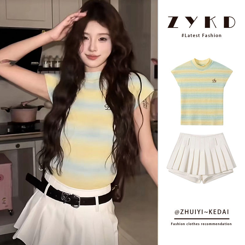 KRSEED夏季套装女2023新款正肩条纹针织短袖高腰显瘦设计感短裙裤