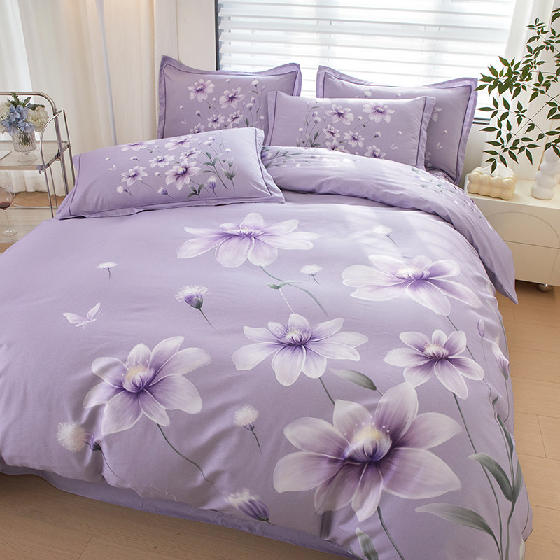 100%全棉四件套亲肤裸睡被套纯棉斜纹花卉床单双人春夏款南通床品