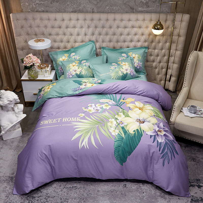 100%纯棉四件套亲肤被套田园花卉斜纹全棉床单双人春秋款床上用品