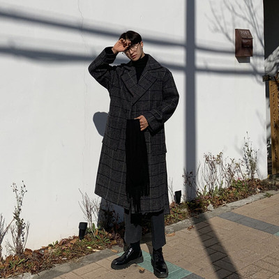 毛呢格子大衣男韩版宽松潮流百搭帅气过膝加厚妮子外套MX909-P155