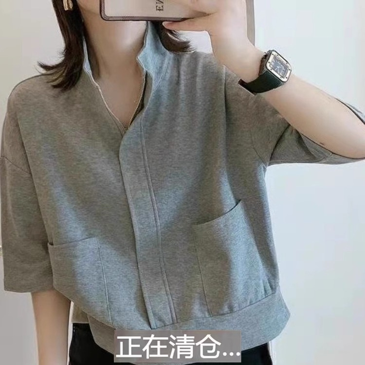 2025年夏季新款韩版半拉链百搭休闲套头短袖t恤卫衣外套女薄款潮