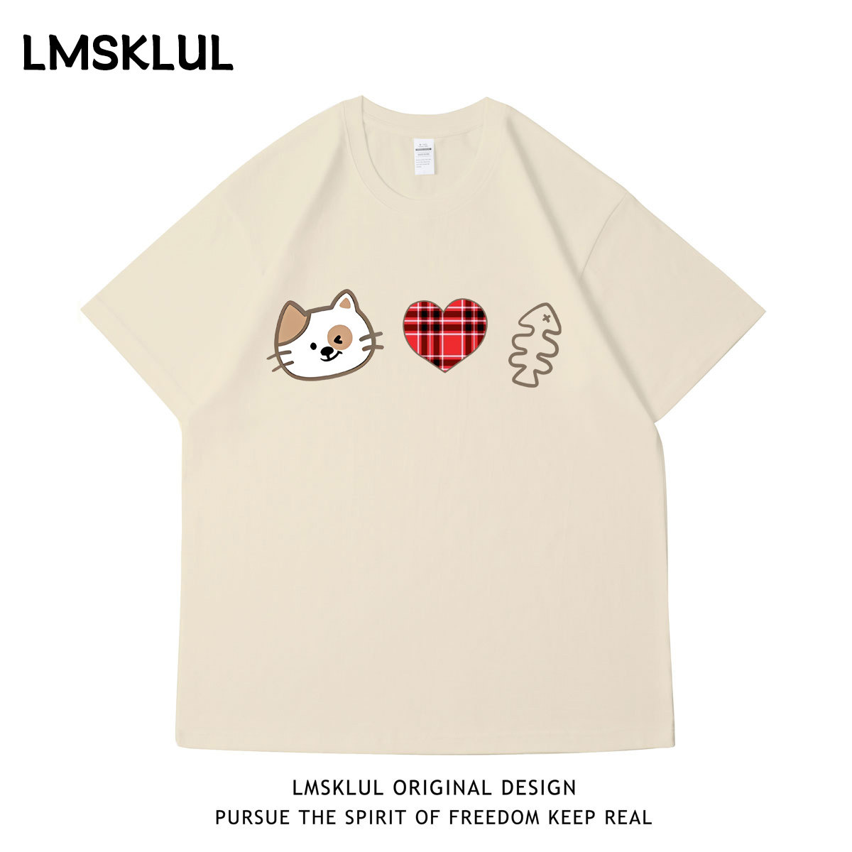 LMSKLUL美式潮牌慵懒风猫咪鱼骨头印花短袖宽松百搭情侣同款T