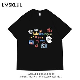 LMSKLUL潮牌趣味卡通多元素印花情侣同款复古百搭宽松短袖夏