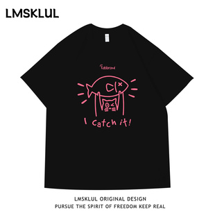 LMSKLUL美式复古国潮猫咪举鱼印花情侣复古潮流短袖宽松百搭T