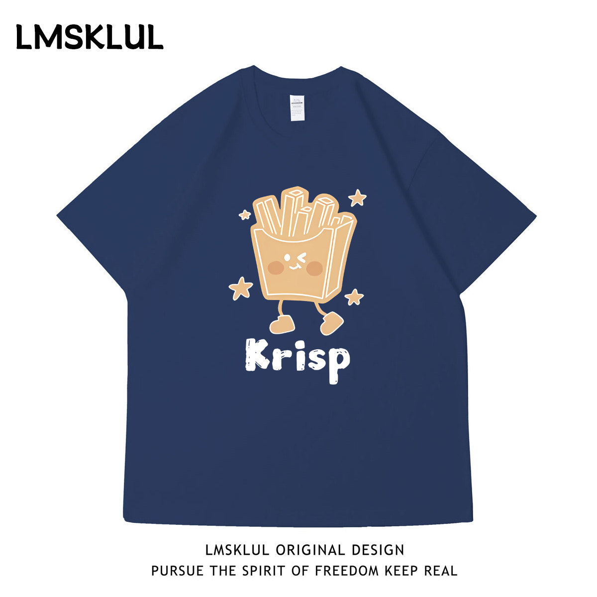 LMSKLUL潮牌趣味卡通表情薯条印花短袖夏季宽松百搭休闲情侣T