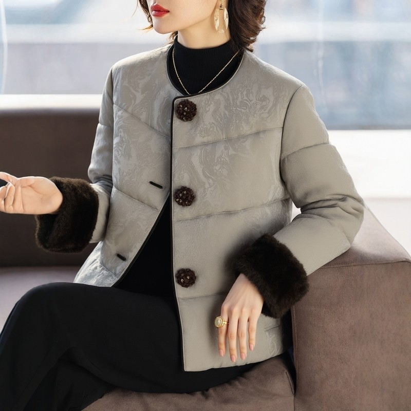 新中式国风羊绒棉服女秋冬中年妈妈高档洋气圆领提花短款加厚外套