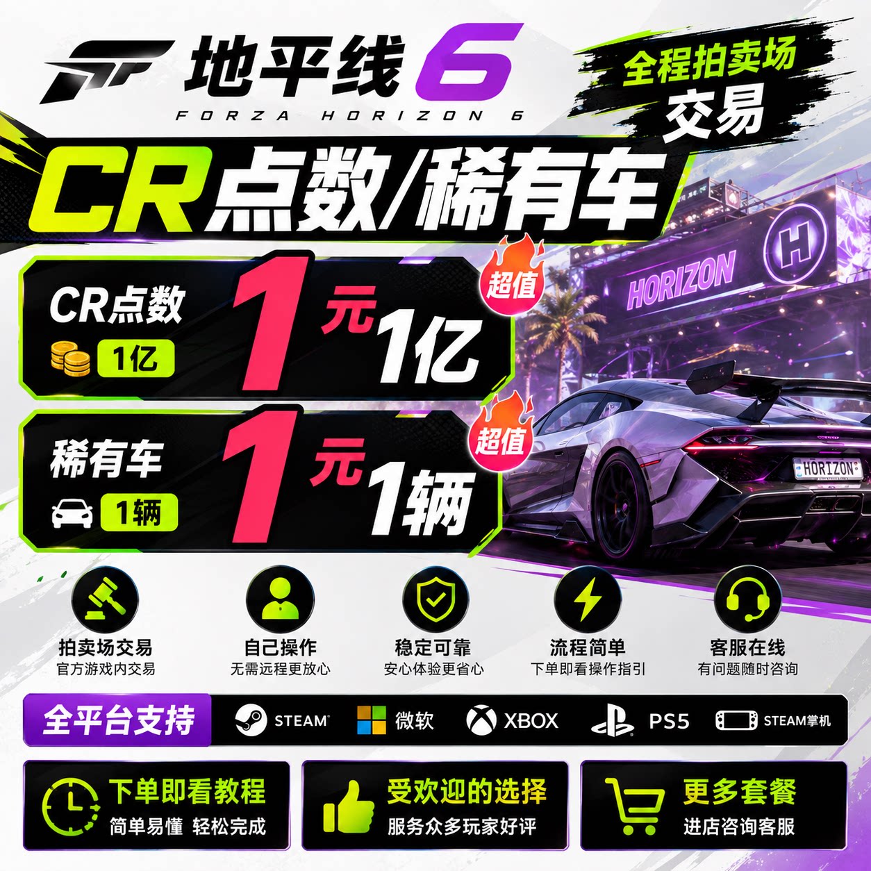 极限竞速地平线6CR点数金币钱全车存档超级抽奖稀有拍卖场交易