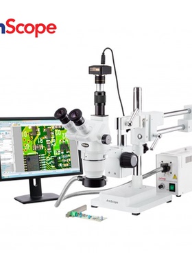 AmScope 2X-225X 连续变焦三目臂架式显微镜+900万像素相机