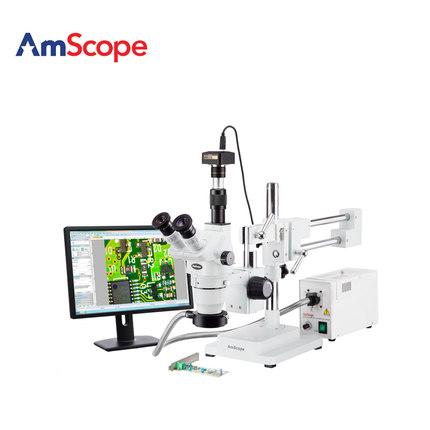 AmScope 2X-225X三目立体变焦显微镜+5MP相机带臂支架体视工业