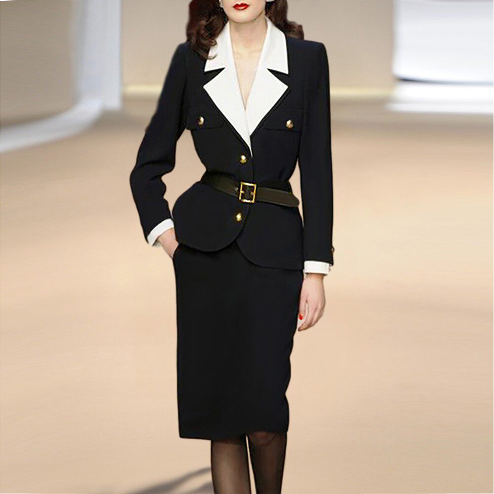 欧美春秋时尚新款职业女装套裙高端名媛两件套撞色西服裙套装女ol