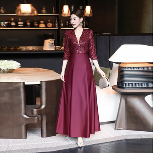 高端亮片礼服女中袖V领长裙晚宴婚礼显瘦气质大摆裙七分袖酒红裙