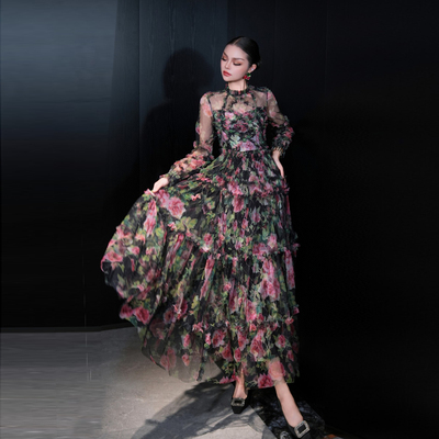 网布印花大摆礼服裙碎花裙