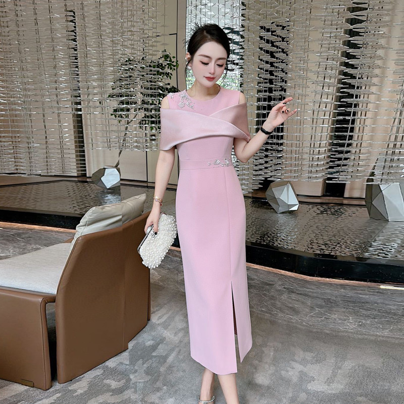 淑女修身过膝钉珠礼服裙优雅修身