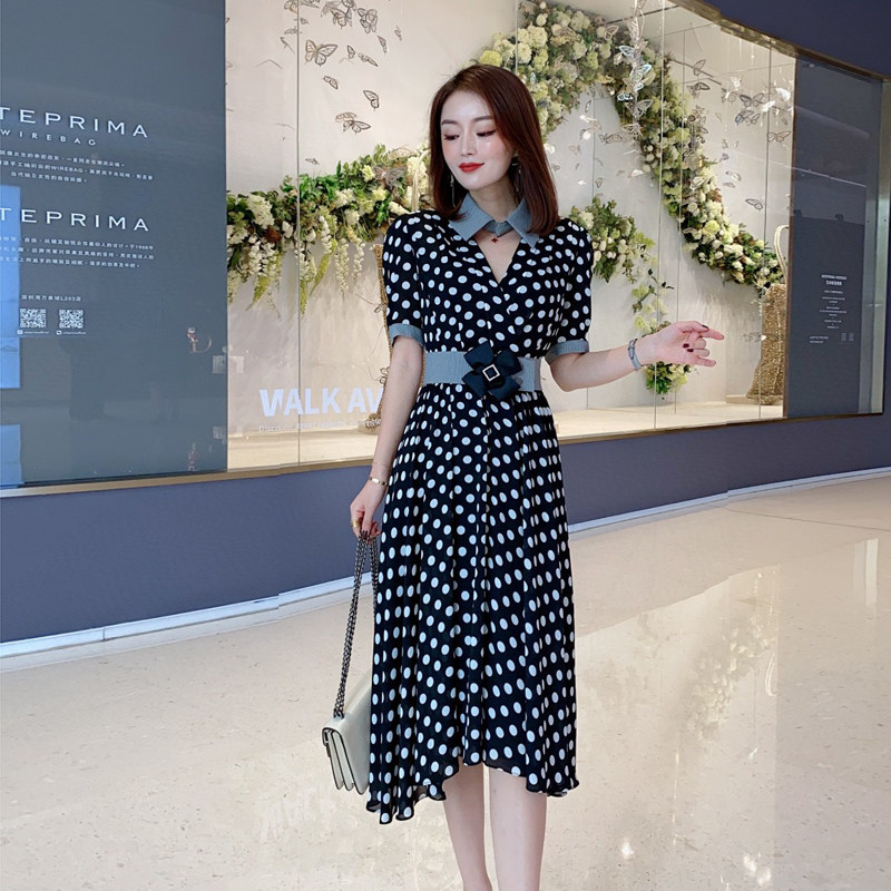淑女大A裙波点千鸟格领子腰带