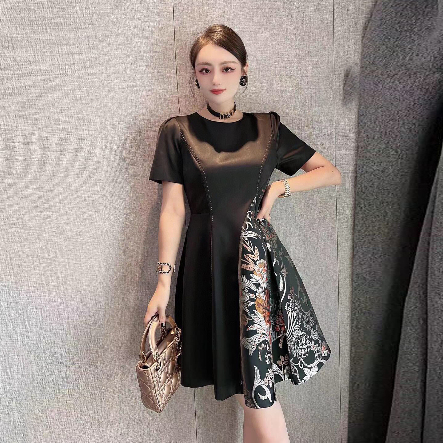 淑女风黑色短袖拼接连衣裙女收腰显瘦小个子A字裙气质时尚短裙