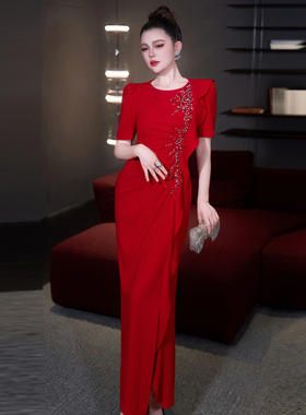 高端轻奢红色钉珠连衣裙女修身显瘦端庄时尚晚宴礼服聚会婚宴礼服