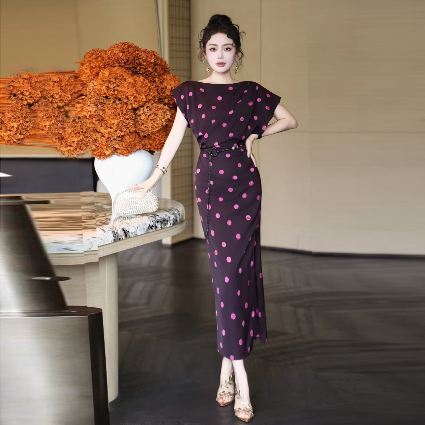 夏季新款女装蝙蝠袖连衣裙长裙轻熟气质淑女慵懒风包臀印花波点裙