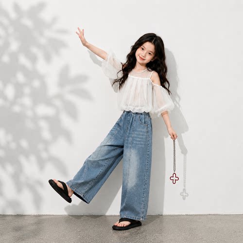 女童针织背心露肩衫上衣两件套小女孩夏装儿童泡泡袖吊带网纱套装