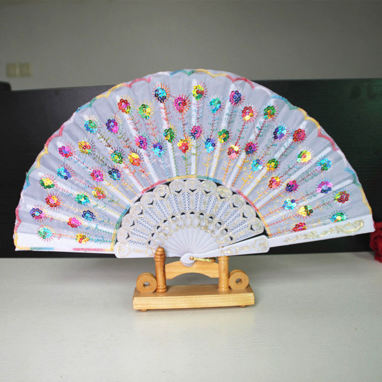 易开合七朵咏春扇子女折扇中国风舞蹈黑色彩色亮片扇道具拍照扇子