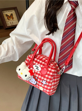 蝴蝶结小猫手提包女2026秋冬新款红色格子贝壳包可爱卡通斜挎包包