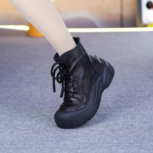 真皮厚底短靴女春夏新款头层牛皮软底软面高帮复古镂空网面马丁靴