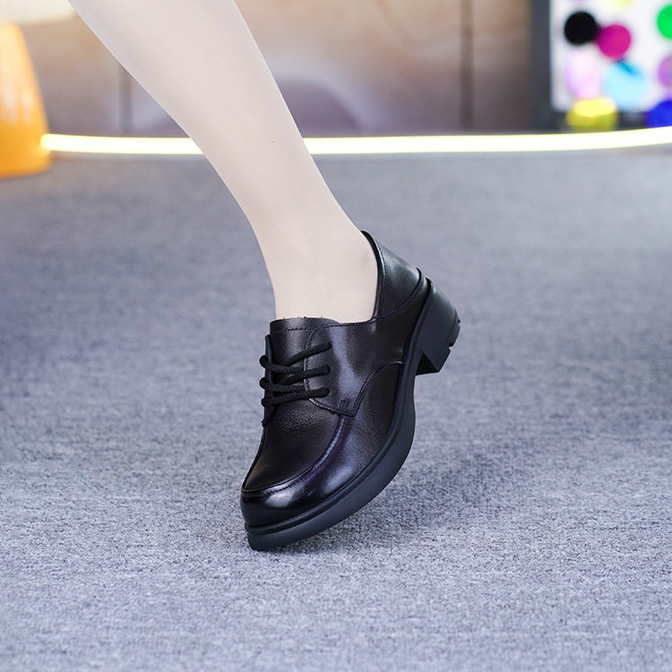 真皮粗跟单鞋女春秋新款纯牛皮一体跟软底软面圆头系带深口单鞋,女鞋,深口单鞋,淘宝优惠券,粉丝福利购,淘宝优惠卷