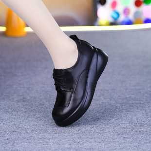 妈妈鞋 真皮厚底单鞋 纯牛皮超轻松糕底系带圆头深口单鞋 新款 女秋季