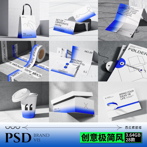 【VI005】极简风科技公司品牌Vi提案PSD样机名片书籍信封纸杯信纸