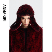 ANNAKIKI帽子 暗红色环保皮草雷锋帽毛茸茸帽子女 小众设计师款